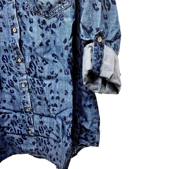 Side Stitch woman Blue Leopard Print Lyocell long Sleeve Shirt Size XS - Picture 5 of 13